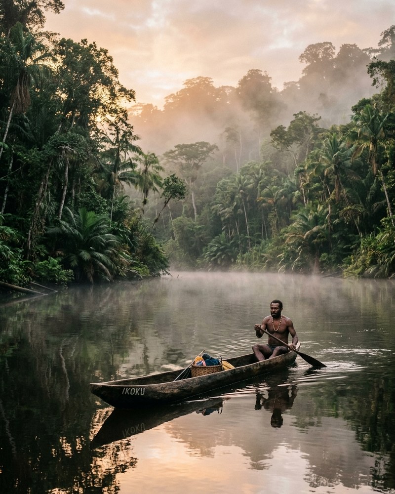 A wooden longboat pushing up the Kikori River at first light, with mist on the water and dense jungle canopy