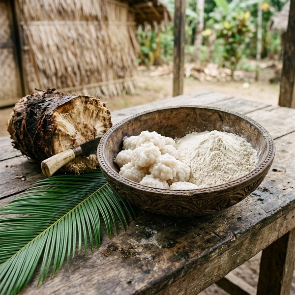 Pounded sago starch (Metroxylon sagu), the traditional staple grain